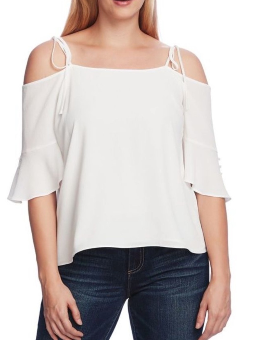 XS Vince Camuto Ivory Summer Bloom Shoulder Tie Cold Shoulder Bell Sleeve Top